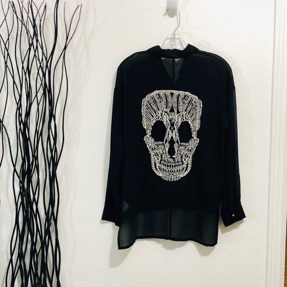 Love Culture Sheer Black Blouse Crochet Lace Skull